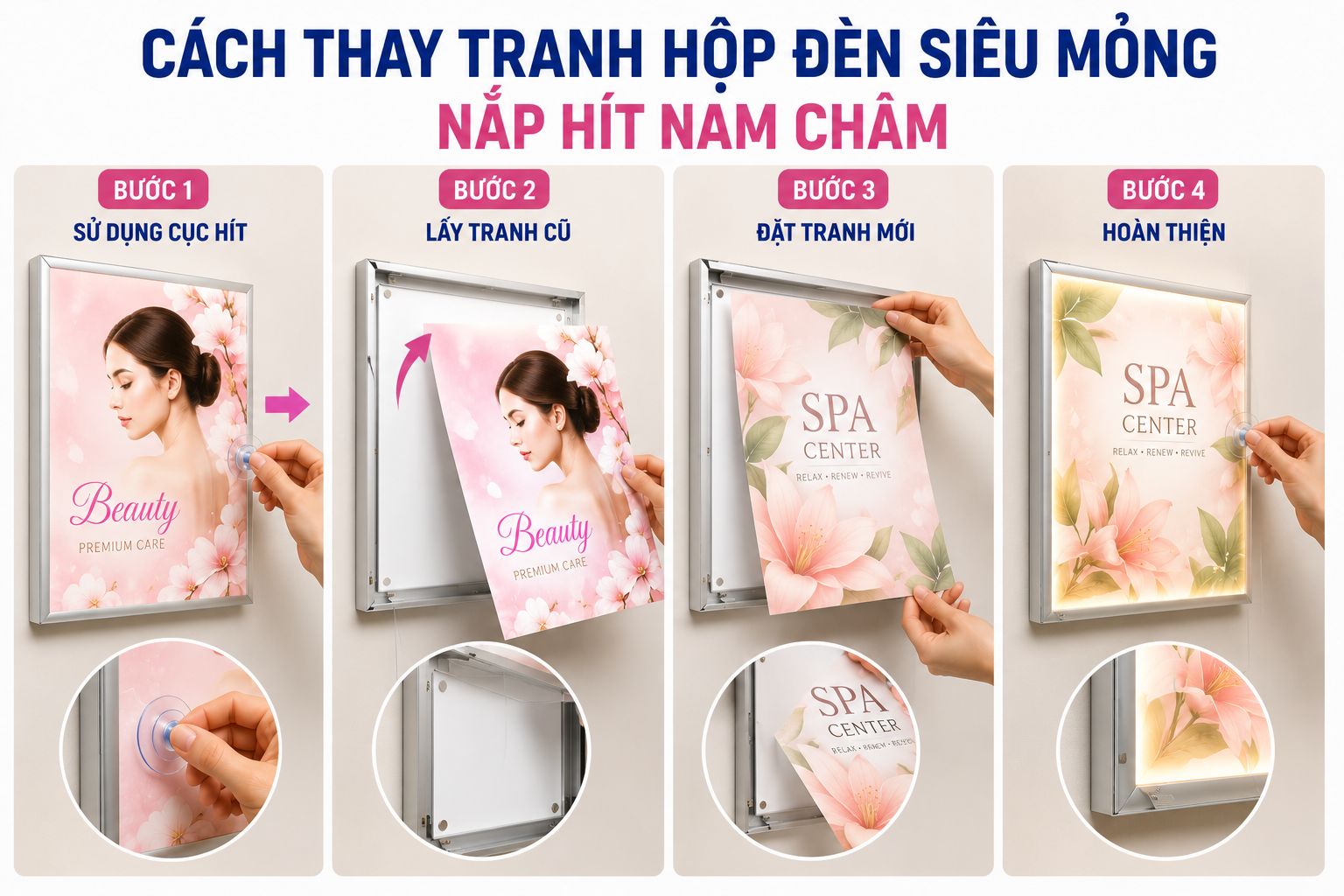 Cách thay tranh hộp đèn siêu mỏng nắp hít nam châm